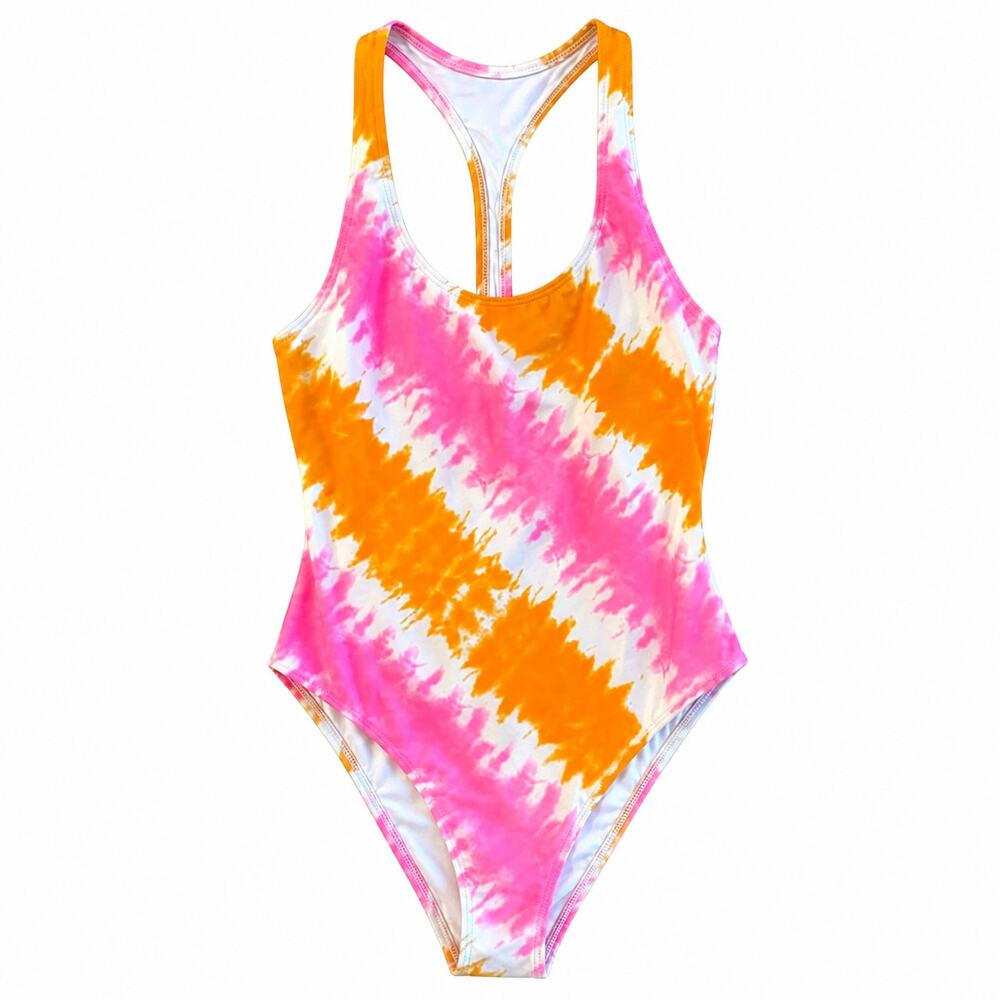 Aerie Tie Dye Cutout Monokini Swimsuit Pink Orange Sunset High Cut NWOT L